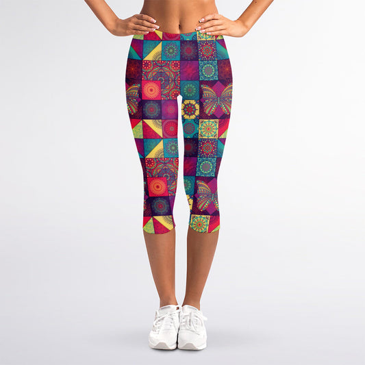 Bohemian Patchwork Pattern Print Women's Capri Leggings