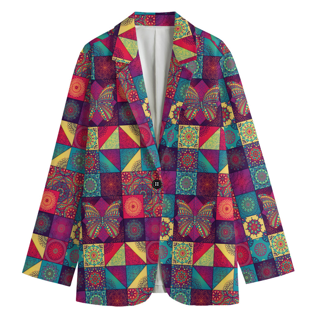 Bohemian Patchwork Pattern Print Women's Cotton Blazer