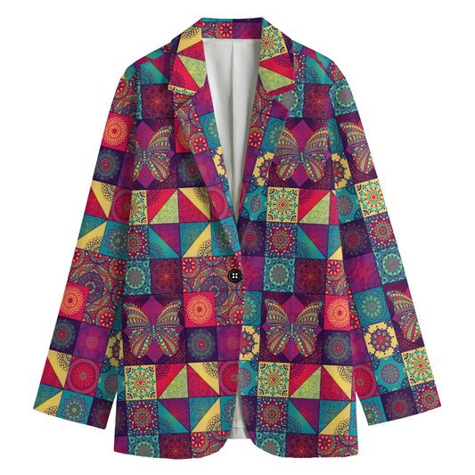 Bohemian Patchwork Pattern Print Women's Cotton Blazer