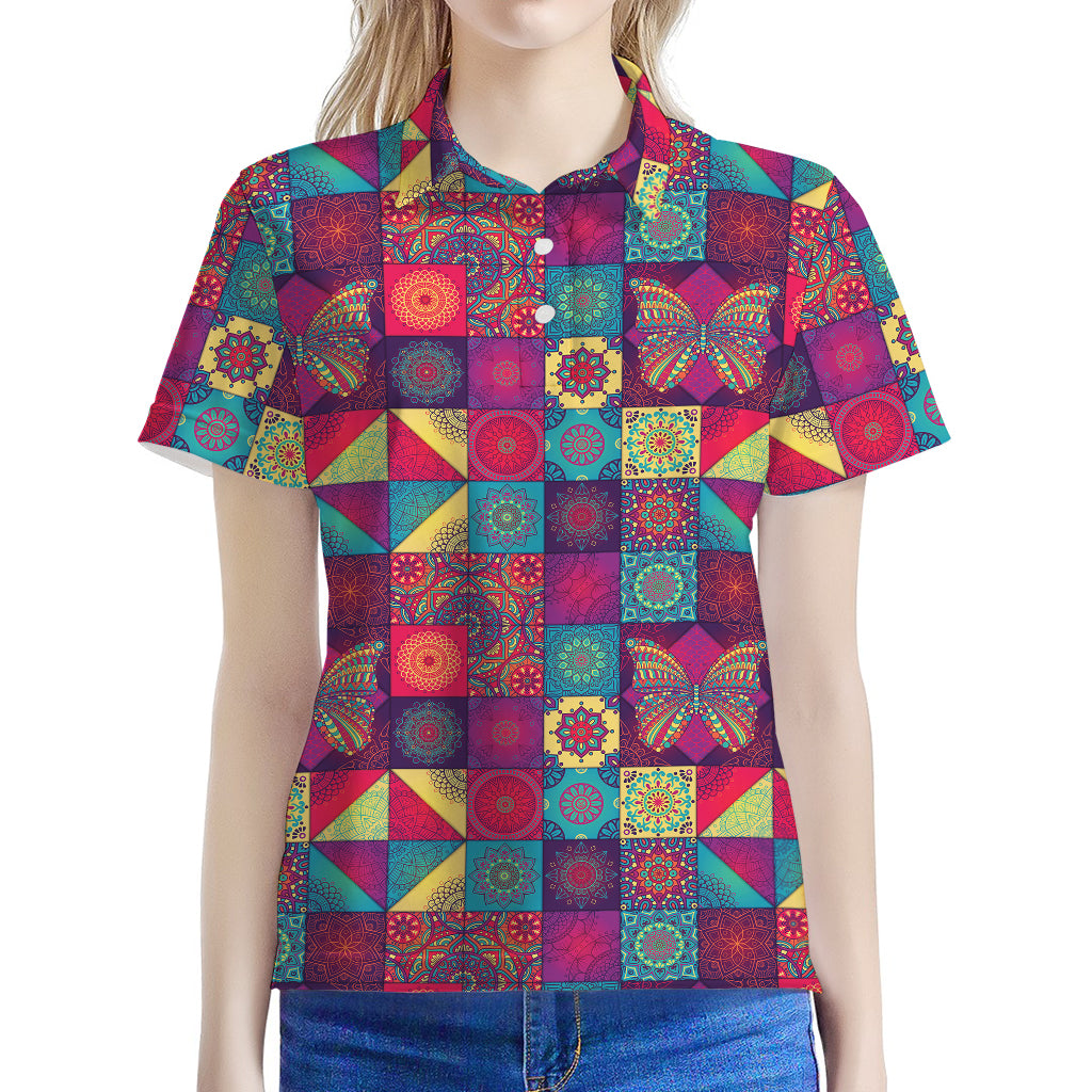 Bohemian Patchwork Pattern Print Women's Polo Shirt