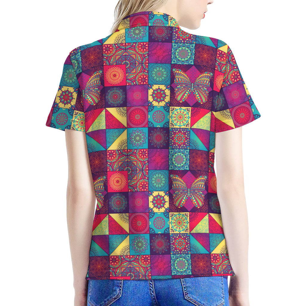 Bohemian Patchwork Pattern Print Women's Polo Shirt