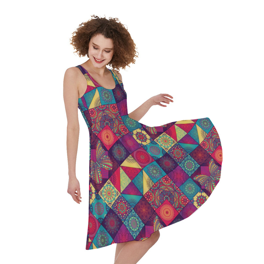 Bohemian Patchwork Pattern Print Women's Sleeveless Dress