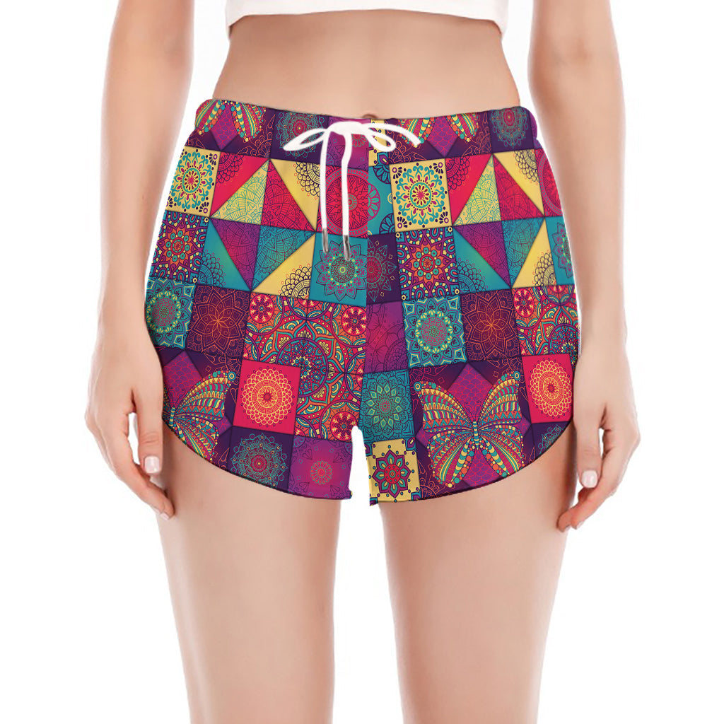 Bohemian Patchwork Pattern Print Women's Split Running Shorts