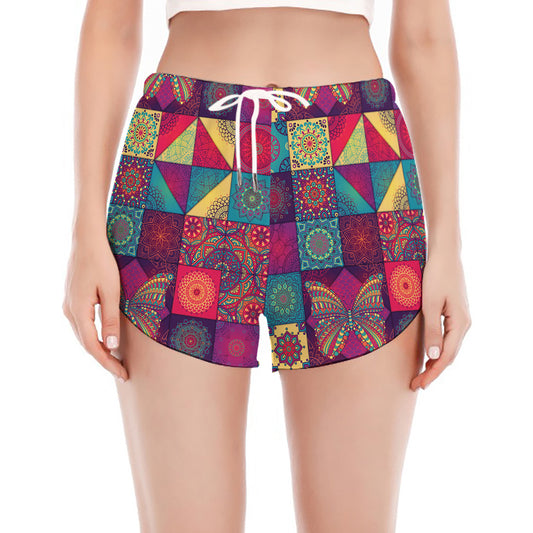 Bohemian Patchwork Pattern Print Women's Split Running Shorts