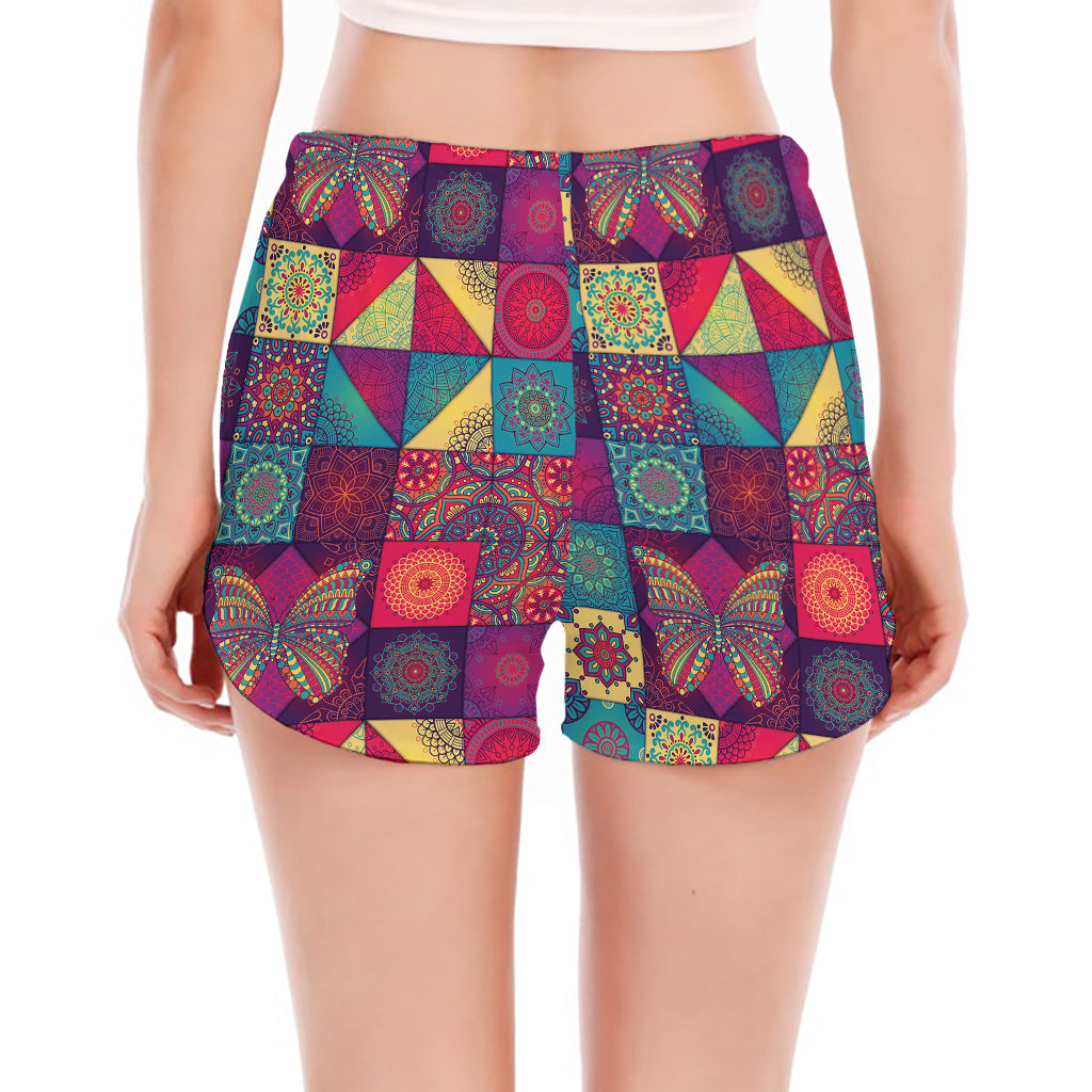 Bohemian Patchwork Pattern Print Women's Split Running Shorts