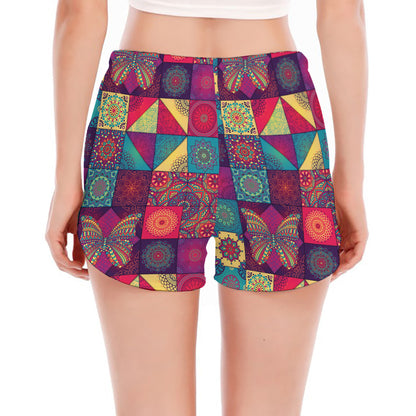 Bohemian Patchwork Pattern Print Women's Split Running Shorts