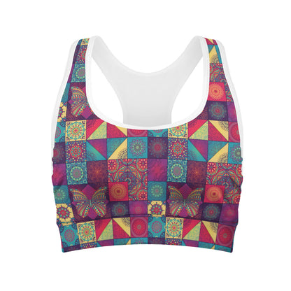 Bohemian Patchwork Pattern Print Women's Sports Bra