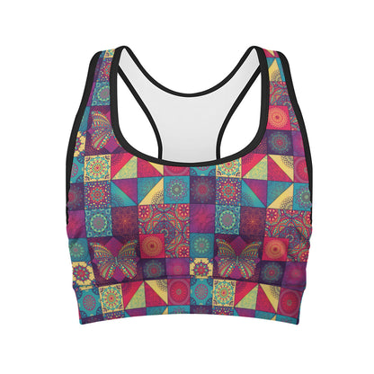 Bohemian Patchwork Pattern Print Women's Sports Bra