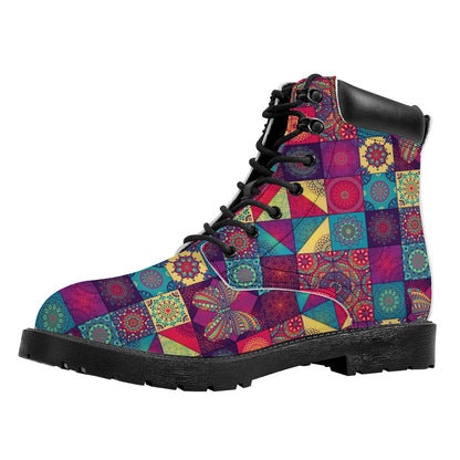 Bohemian Patchwork Pattern Print Work Boots