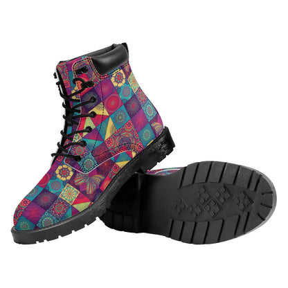 Bohemian Patchwork Pattern Print Work Boots