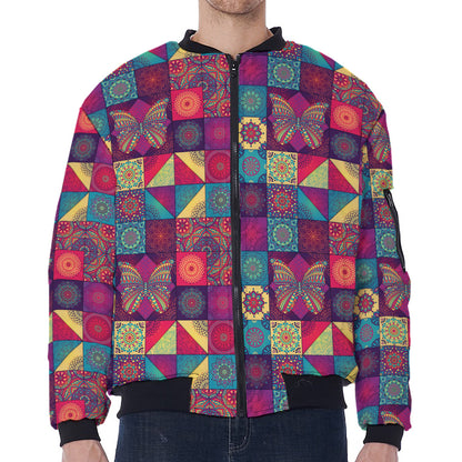 Bohemian Patchwork Pattern Print Zip Sleeve Bomber Jacket