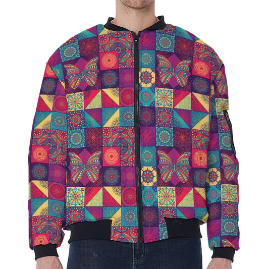 Bohemian Patchwork Pattern Print Zip Sleeve Bomber Jacket
