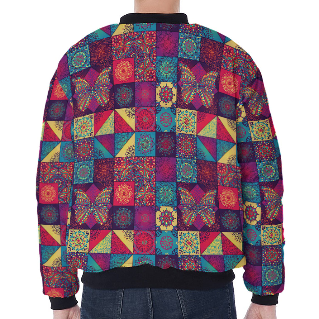 Bohemian Patchwork Pattern Print Zip Sleeve Bomber Jacket