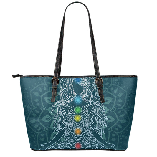 Bohemian Seven Chakras Print Leather Tote Bag