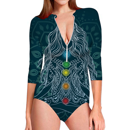 Bohemian Seven Chakras Print Long Sleeve Swimsuit