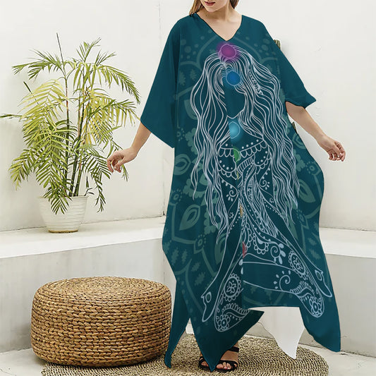 Bohemian Seven Chakras Print Silk V-Neck Kaftan Dress