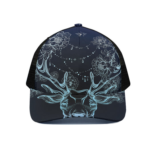 Bohemian Spiritual Deer Print Black Mesh Trucker Cap