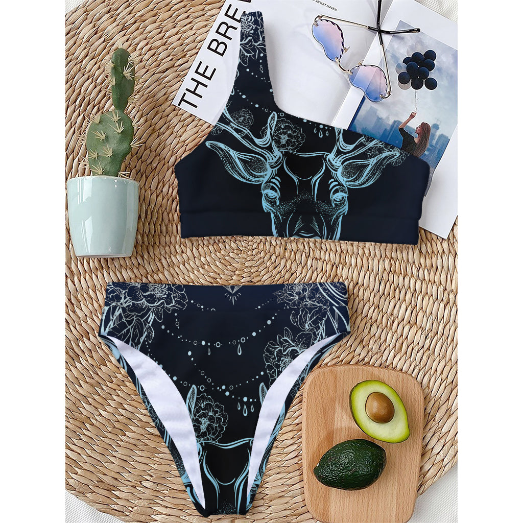 Bohemian Spiritual Deer Print One Shoulder Bikini Top