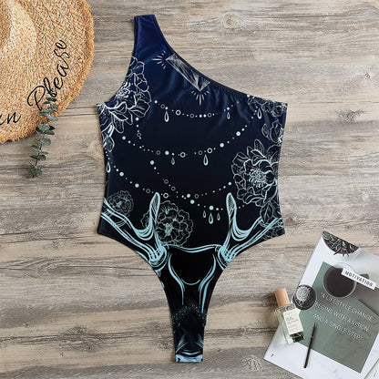 Bohemian Spiritual Deer Print One Shoulder Bodysuit