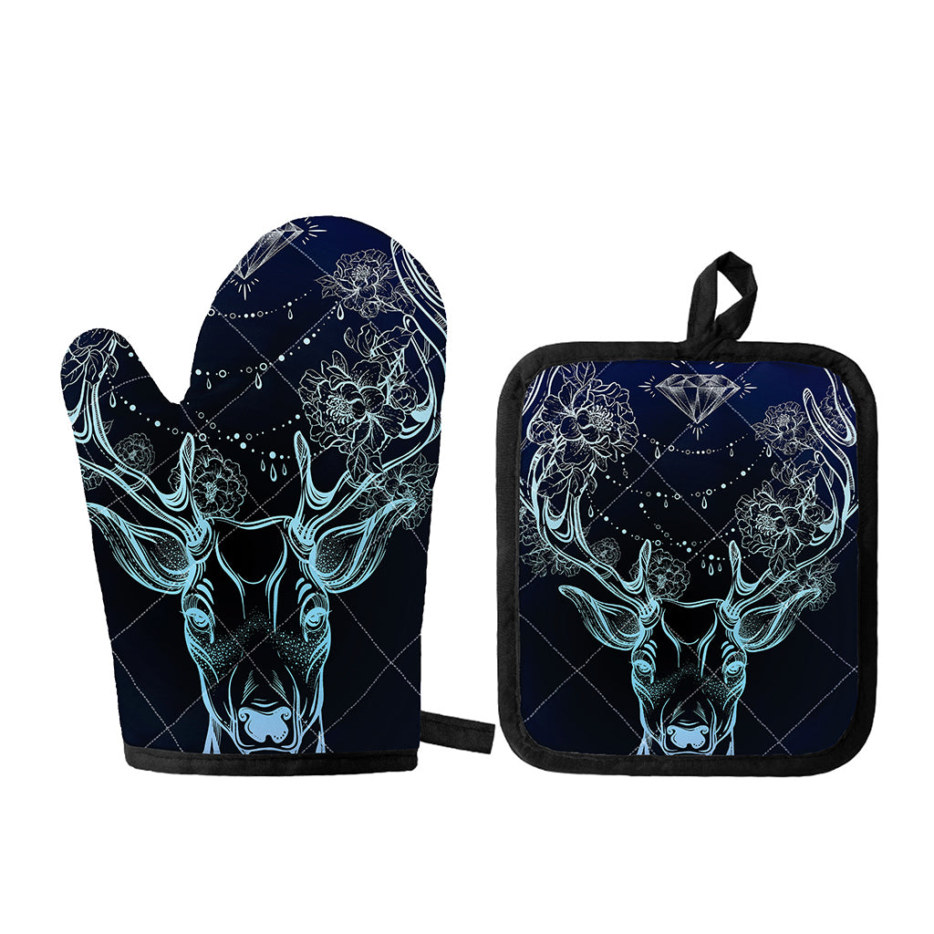 Bohemian Spiritual Deer Print Oven Mitt And Pot Holder Set