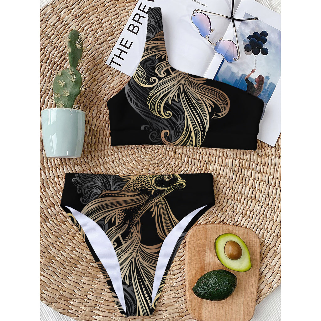 Bohemian Spiritual Fish Print One Shoulder Bikini Top