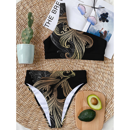 Bohemian Spiritual Fish Print One Shoulder Bikini Top