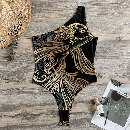 Bohemian Spiritual Fish Print One Shoulder Bodysuit