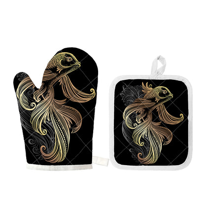 Bohemian Spiritual Fish Print Oven Mitt And Pot Holder Set