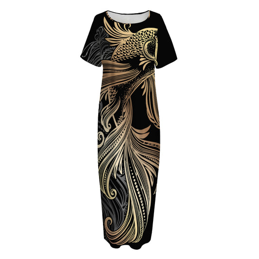 Bohemian Spiritual Fish Print Short Sleeve Long Nightdress