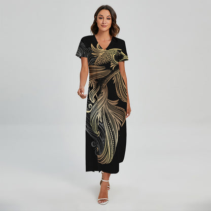 Bohemian Spiritual Fish Print Short Sleeve Maxi Dress