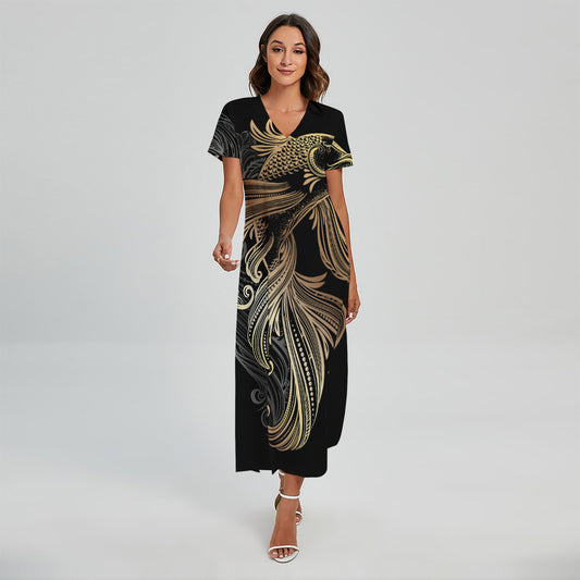 Bohemian Spiritual Fish Print Short Sleeve Maxi Dress