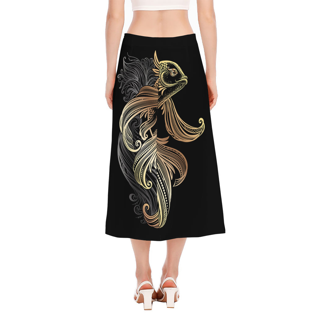 Bohemian Spiritual Fish Print Side Slit Midi Skirt
