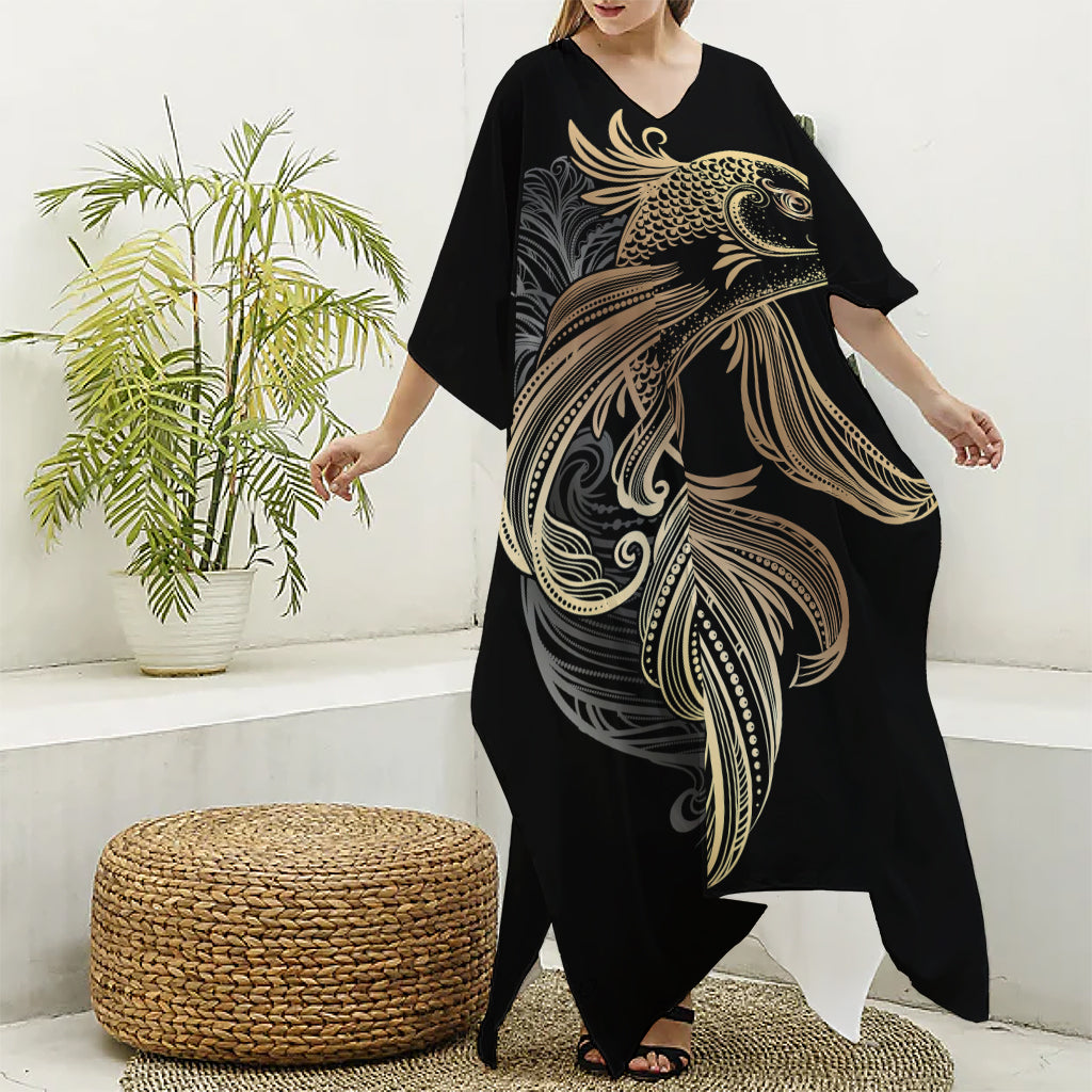 Bohemian Spiritual Fish Print Silk V-Neck Kaftan Dress