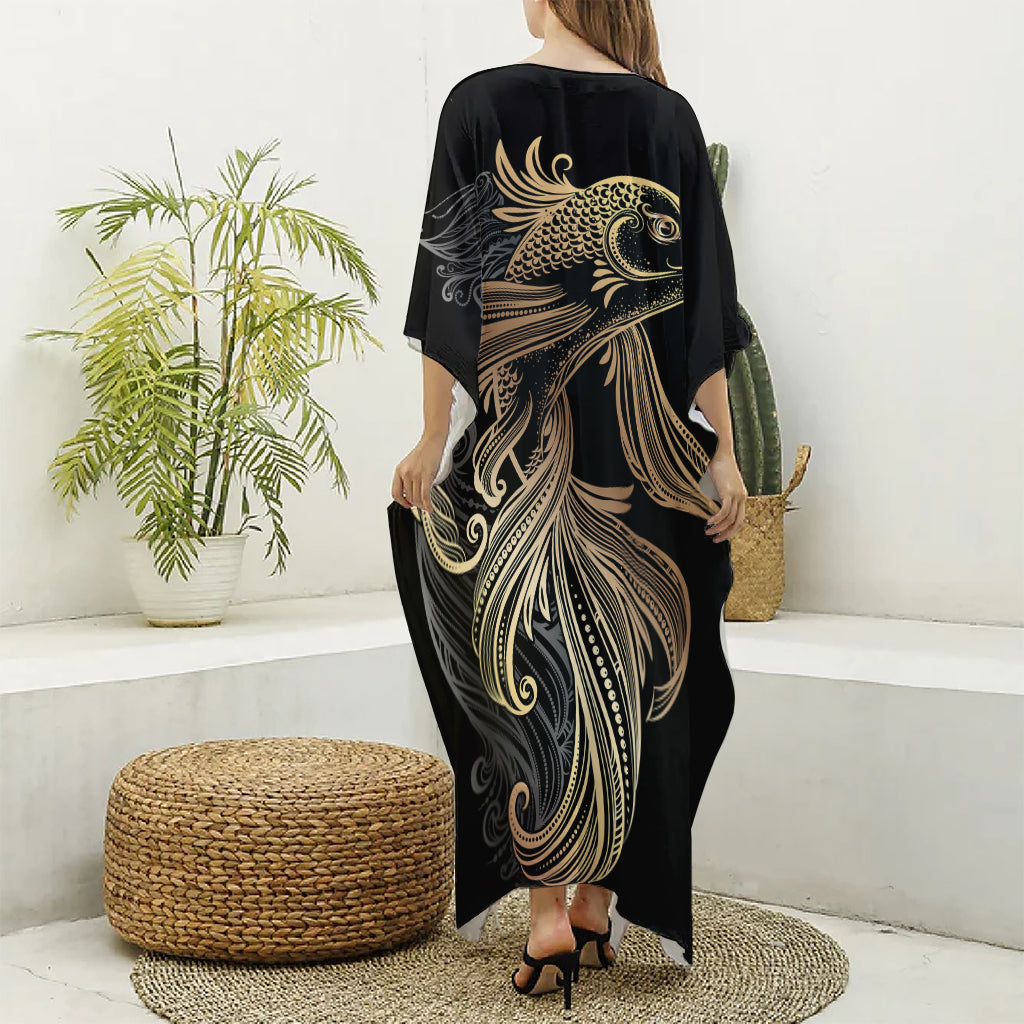 Bohemian Spiritual Fish Print Silk V-Neck Kaftan Dress