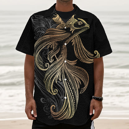 Bohemian Spiritual Fish Print Textured Short Sleeve Shirt
