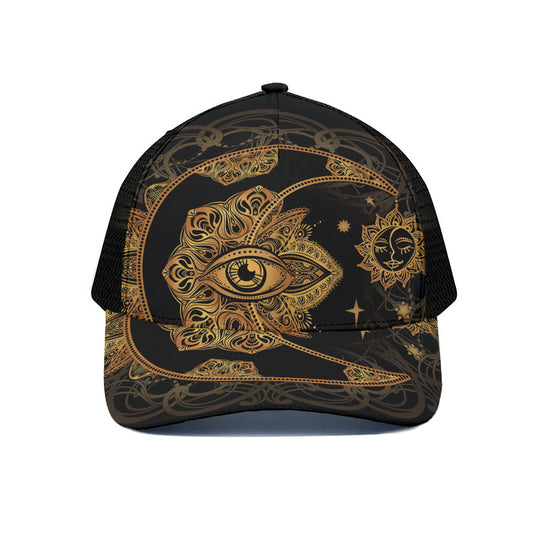 Bohemian Sun And Moon Print Black Mesh Trucker Cap
