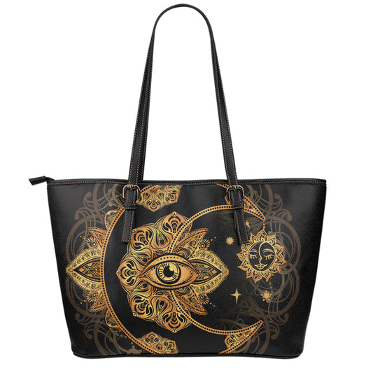 Bohemian Sun And Moon Print Leather Tote Bag