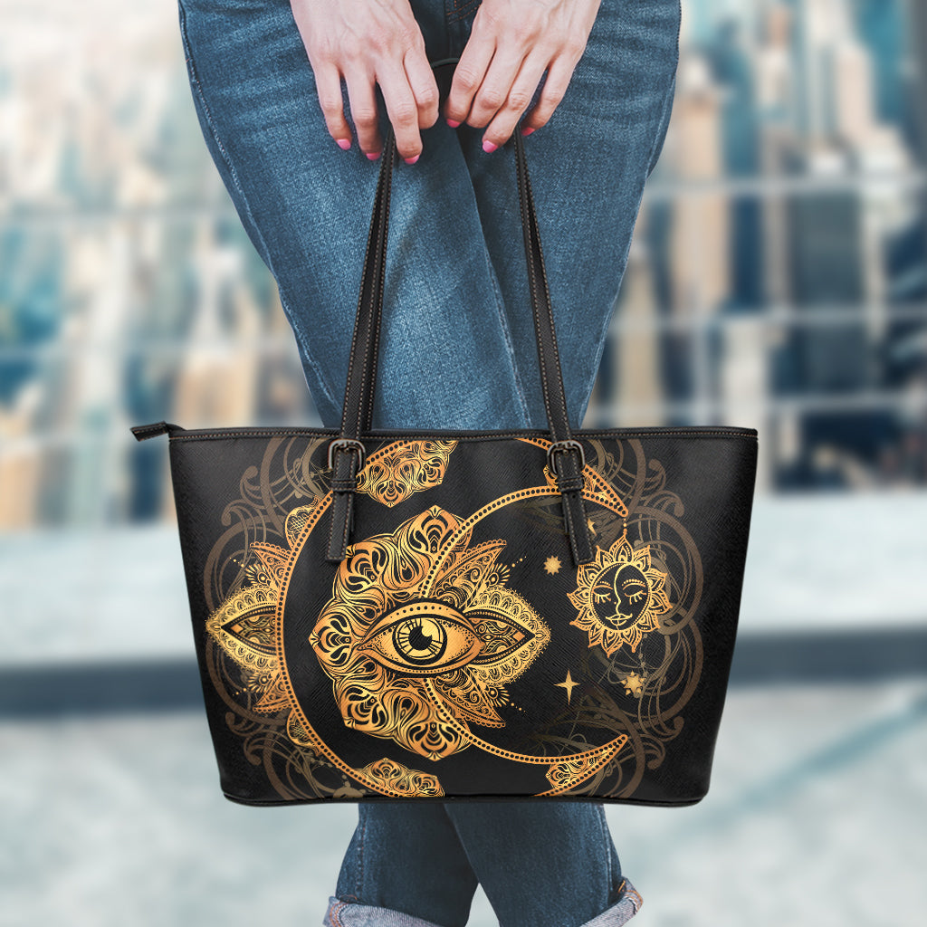 Bohemian Sun And Moon Print Leather Tote Bag