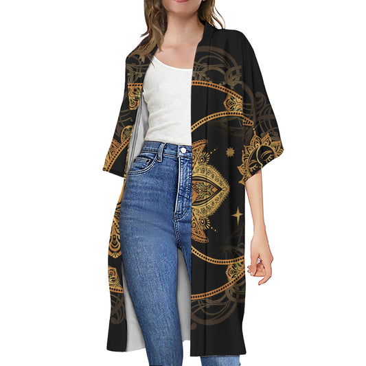 Bohemian Sun And Moon Print Open Front Beach Cover Up