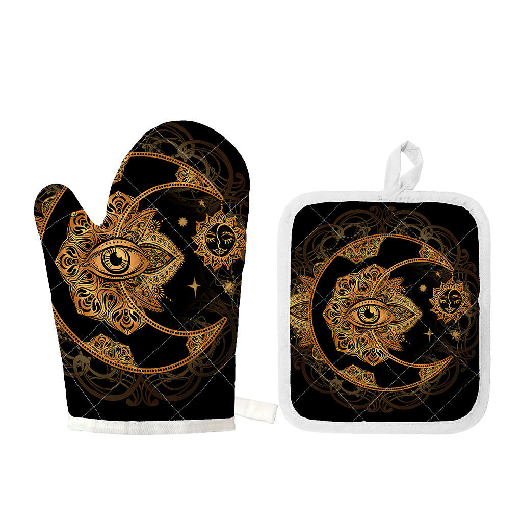Bohemian Sun And Moon Print Oven Mitt And Pot Holder Set