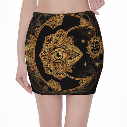 Bohemian Sun And Moon Print Pencil Mini Skirt