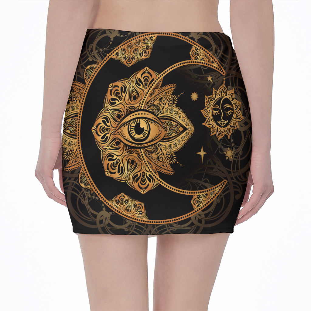 Bohemian Sun And Moon Print Pencil Mini Skirt