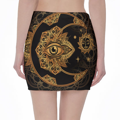 Bohemian Sun And Moon Print Pencil Mini Skirt