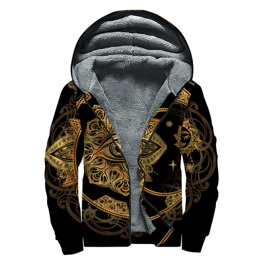 Bohemian Sun And Moon Print Sherpa Lined Zip Up Hoodie