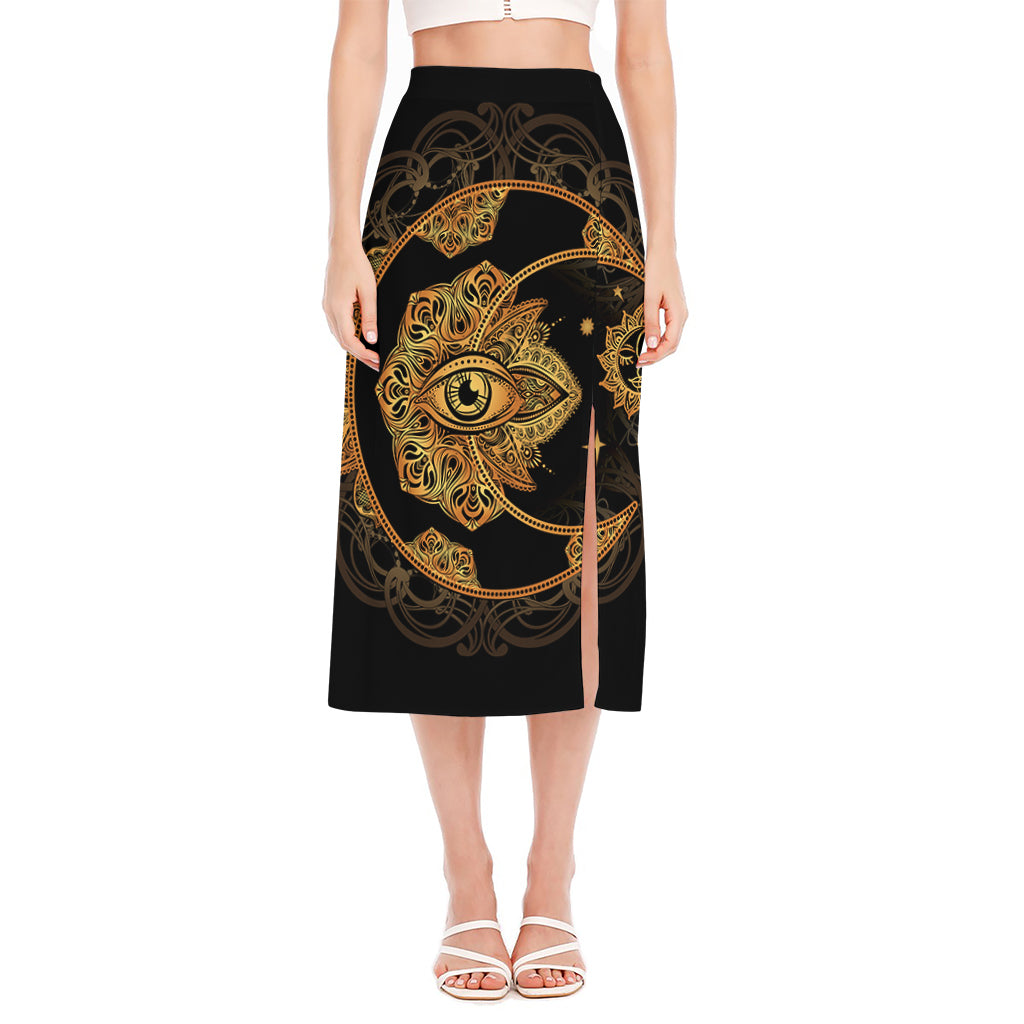 Bohemian Sun And Moon Print Side Slit Midi Skirt