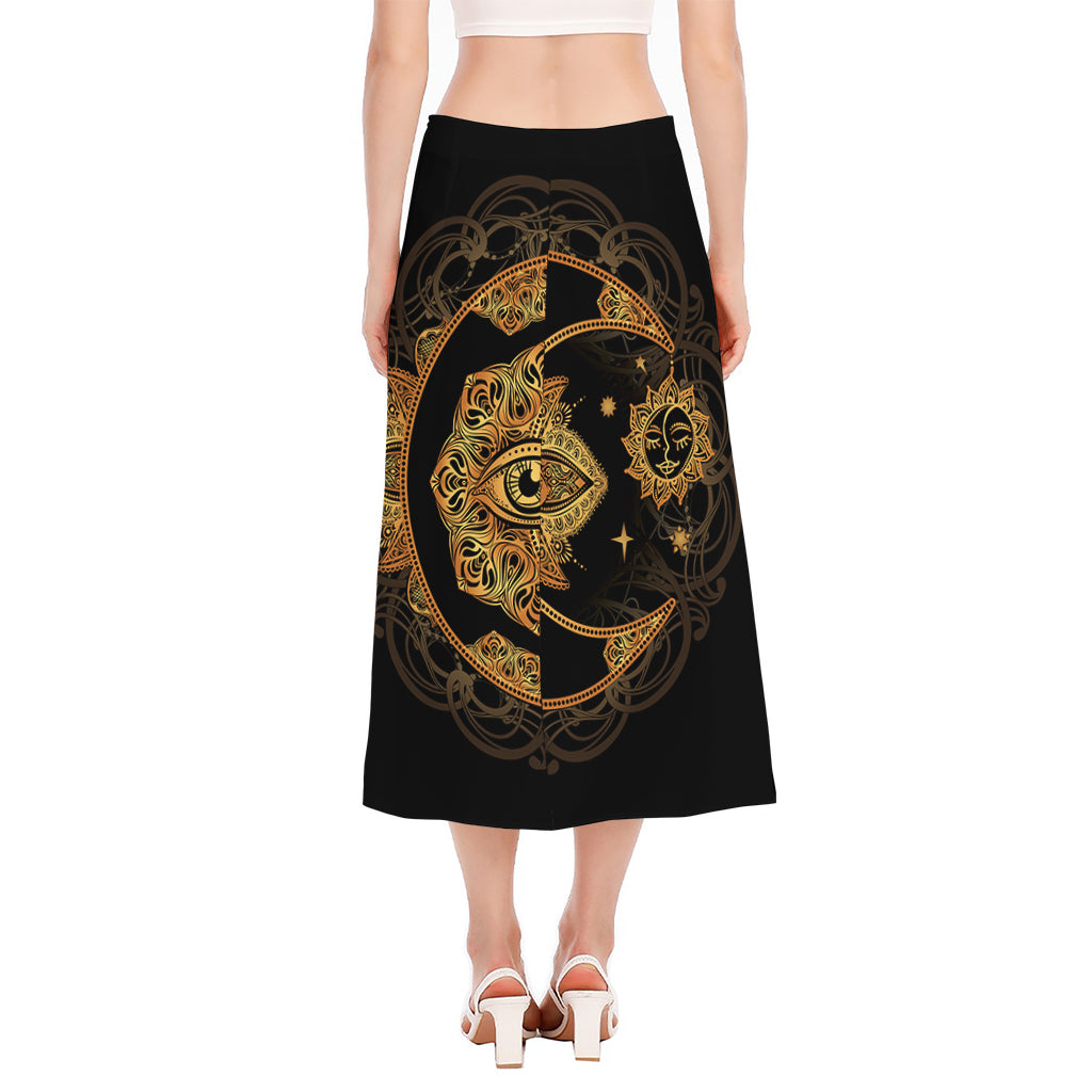 Bohemian Sun And Moon Print Side Slit Midi Skirt