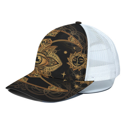Bohemian Sun And Moon Print White Mesh Trucker Cap