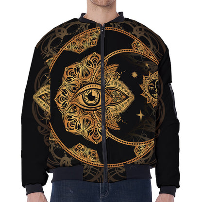 Bohemian Sun And Moon Print Zip Sleeve Bomber Jacket
