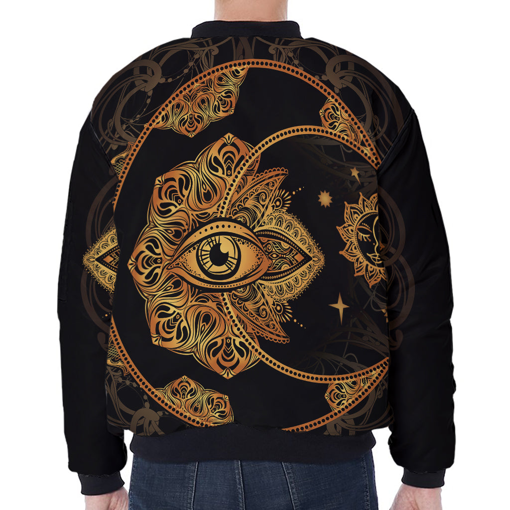 Bohemian Sun And Moon Print Zip Sleeve Bomber Jacket