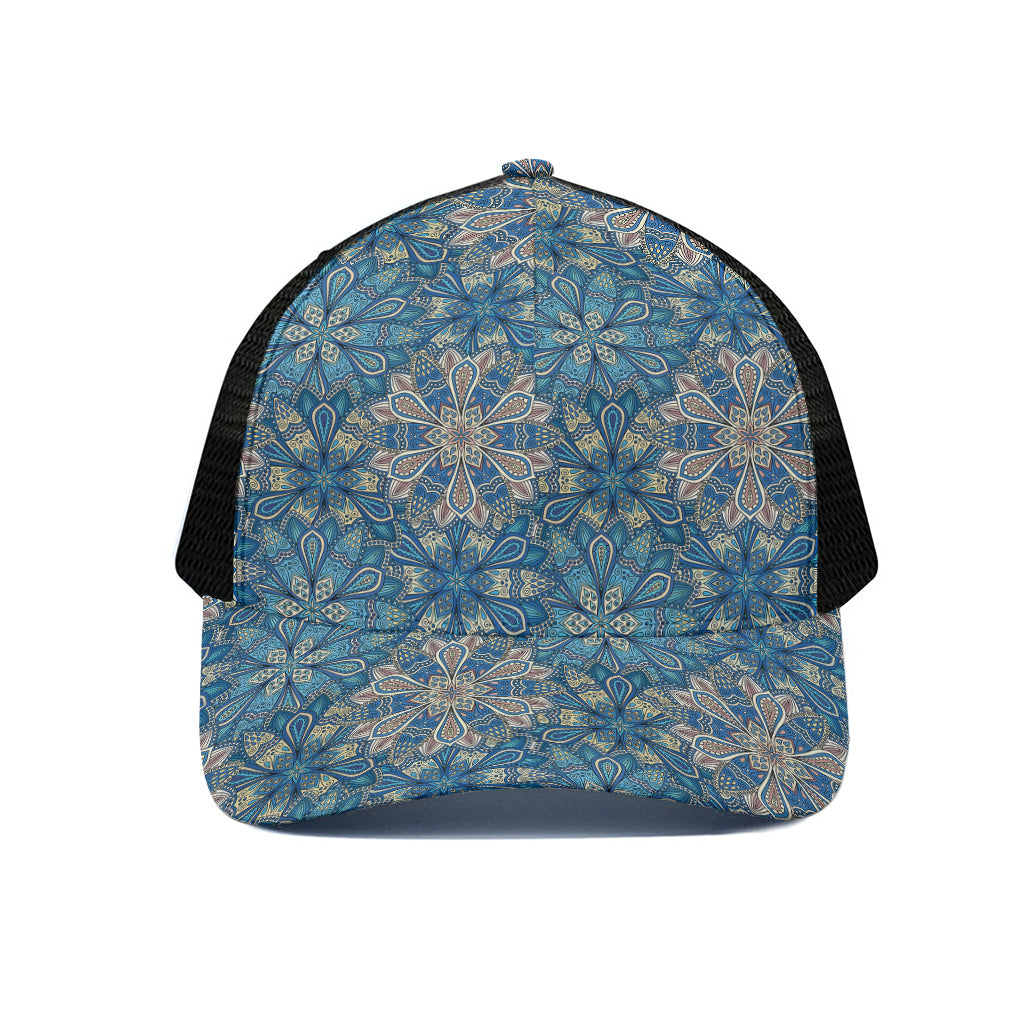 Boho Chic Mandala Floral Print Black Mesh Trucker Cap